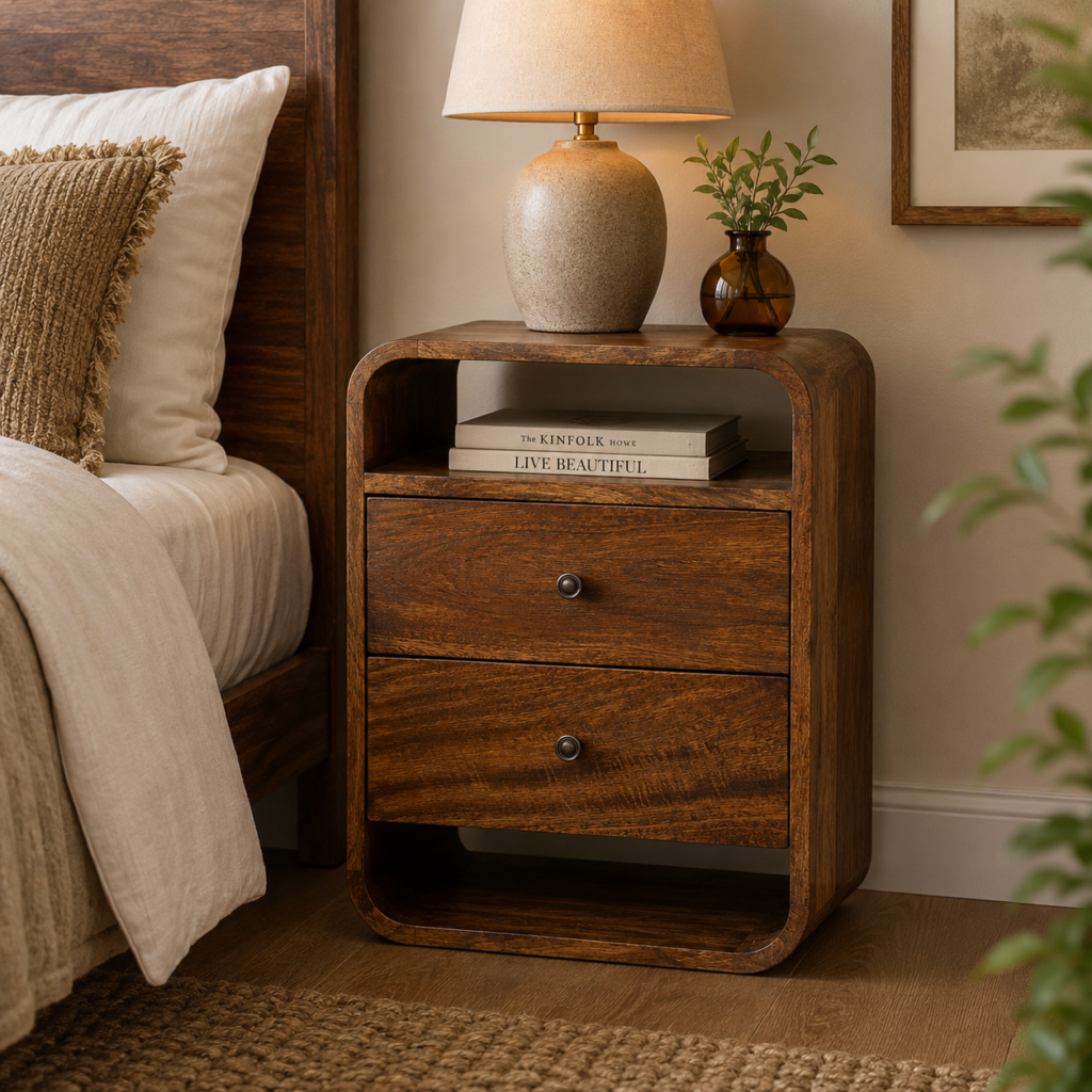 Solid Mango Wood Chestnut Finished Curved 2 Drawer Bedside