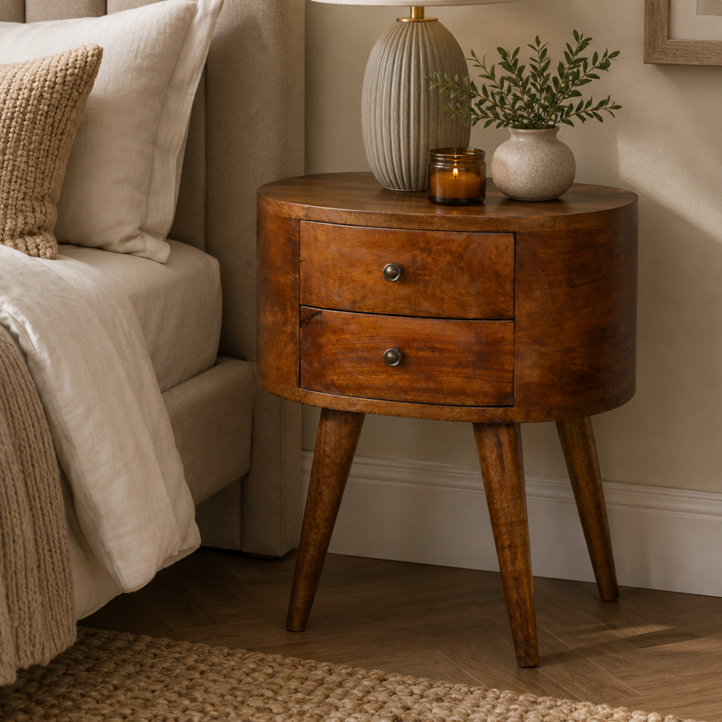 Solid Mango Wood Chestnut Finished 2 Drawer Rounded Bedside Table