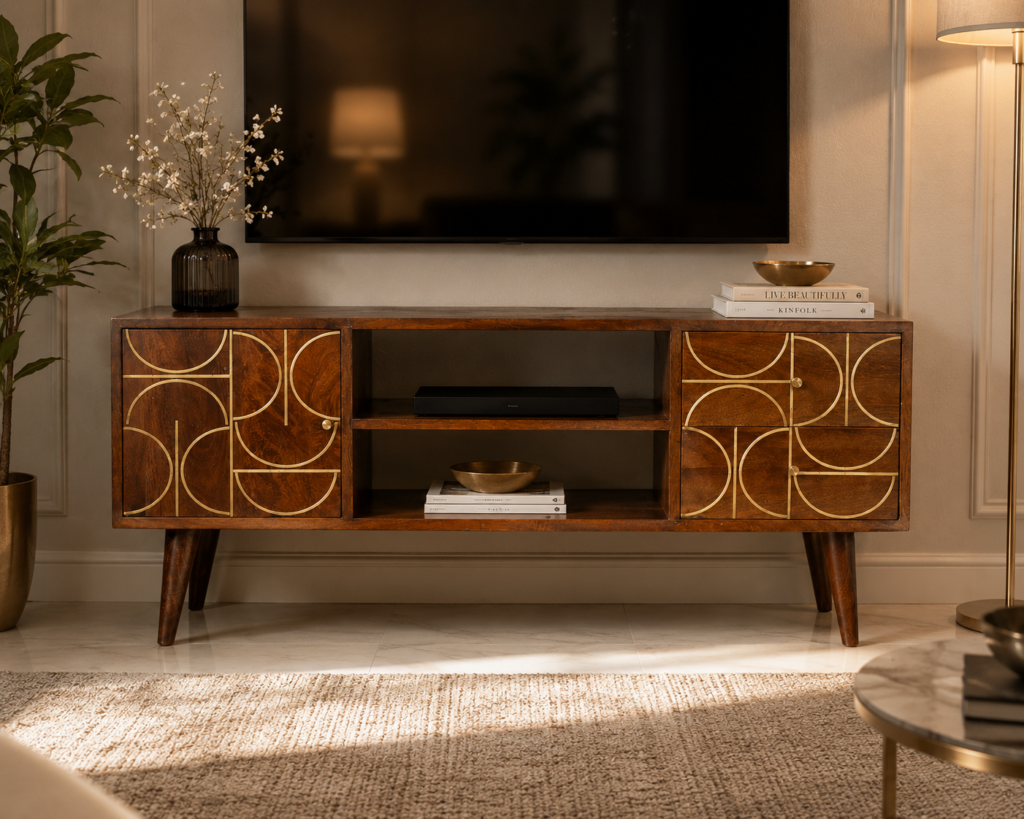Solid Mango Wood Chestnut Finished Gold Coloured Inlay 2 Slots 2 Drawer 1 Door Media Unit