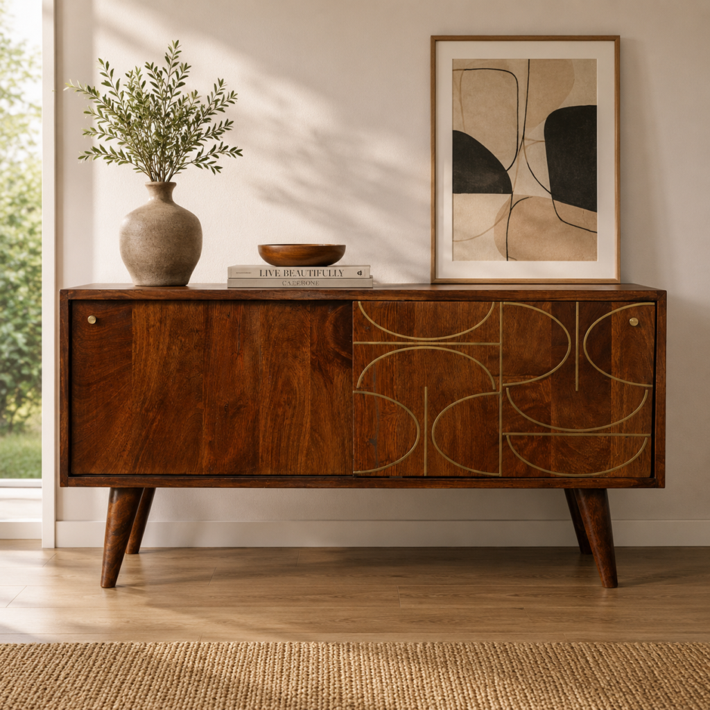 Solid Mango Wood Chestnut Finished 2 Door Gold Inlay Abstract Sideboard