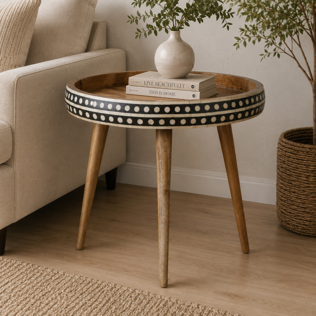 Solid Mango Wood Oak Finished Bone Inlay Edge End Table