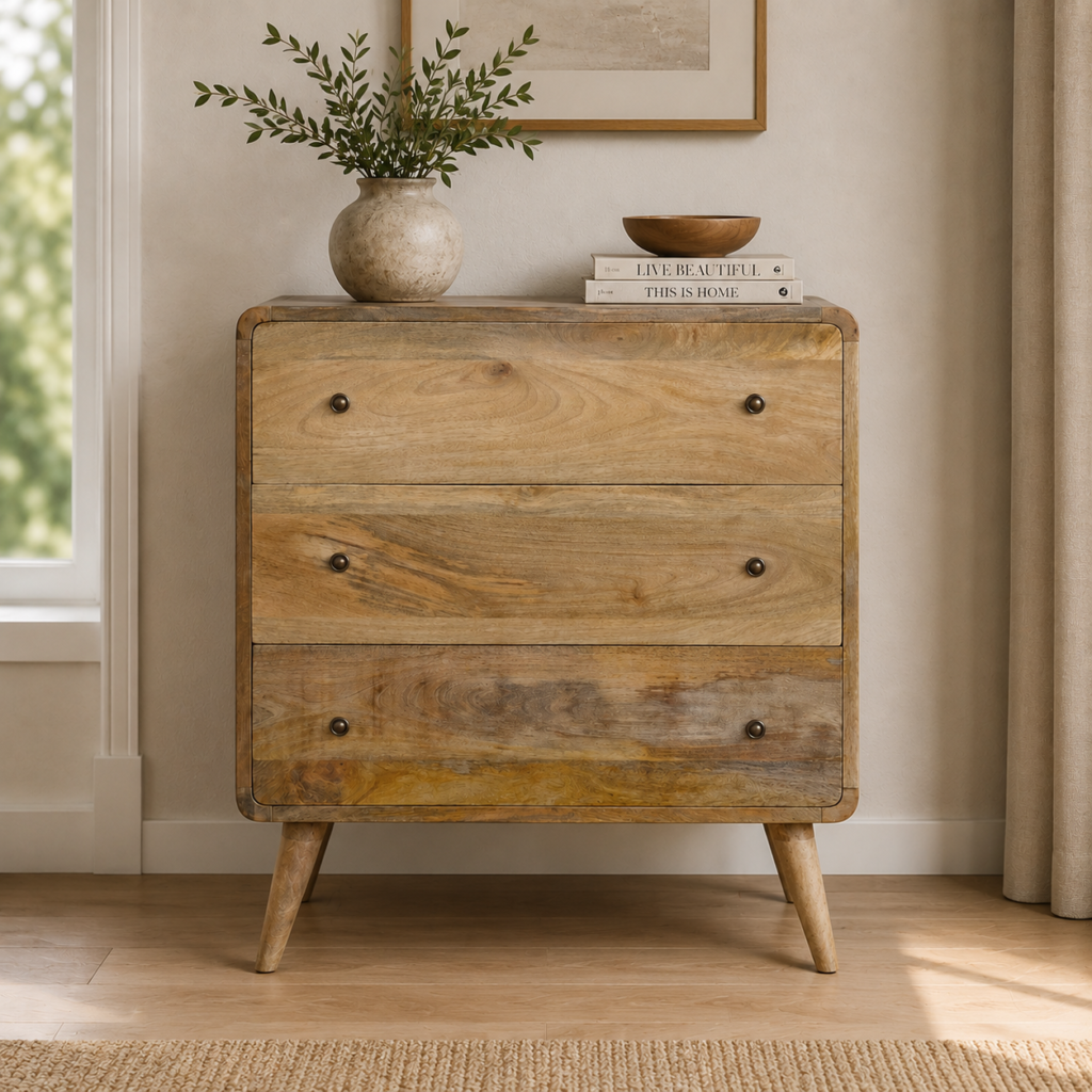 Solid Mango Wood Oak Finished 3 Drawer Curved Chest