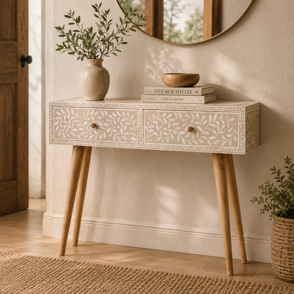 Solid Mango Wood Light Taupe Oak Finish Bone Inlay 2 Drawer Console Table