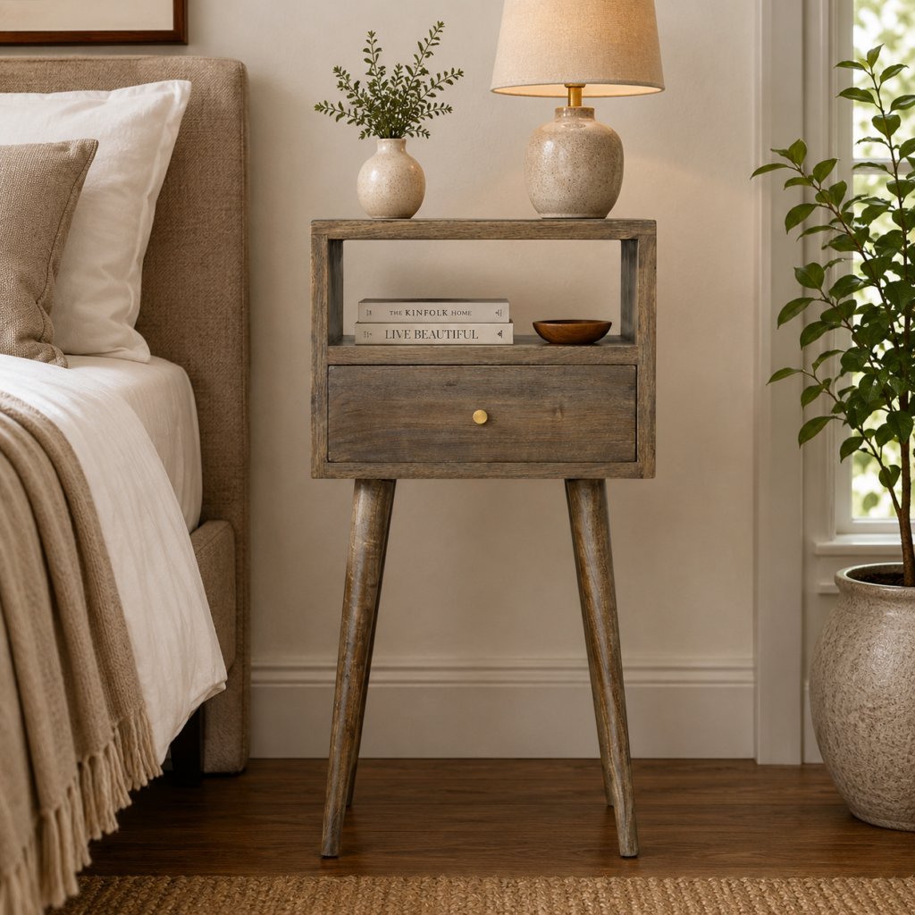 Solid Mango Wood Grey Washed Finish 1 Drawer Petite Bedside