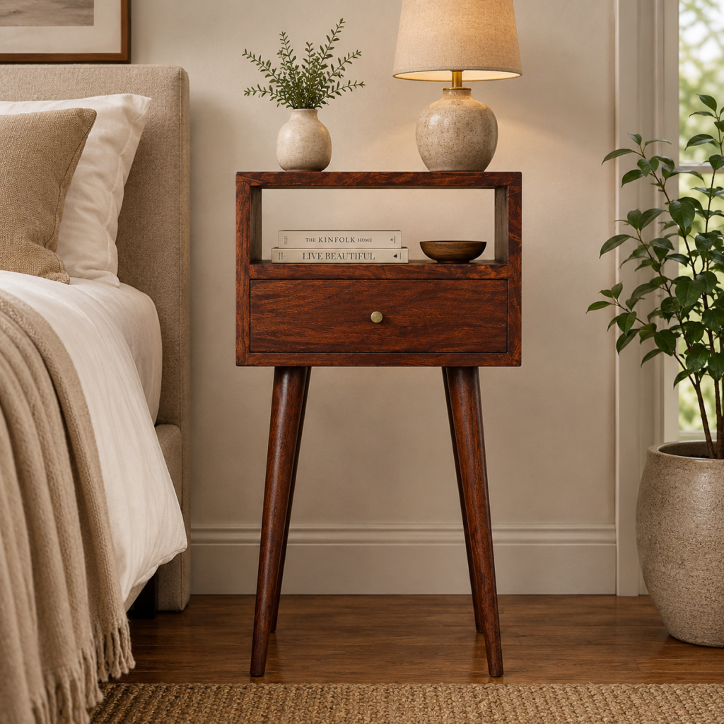 Solid Mango Wood Cherry Finished 1 Drawer 1 Slot Bedside