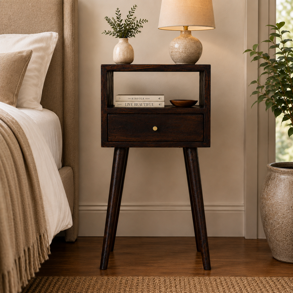 Solid Mango Wood Walnut Finish 1 Drawer 1 Slot Petite Bedside