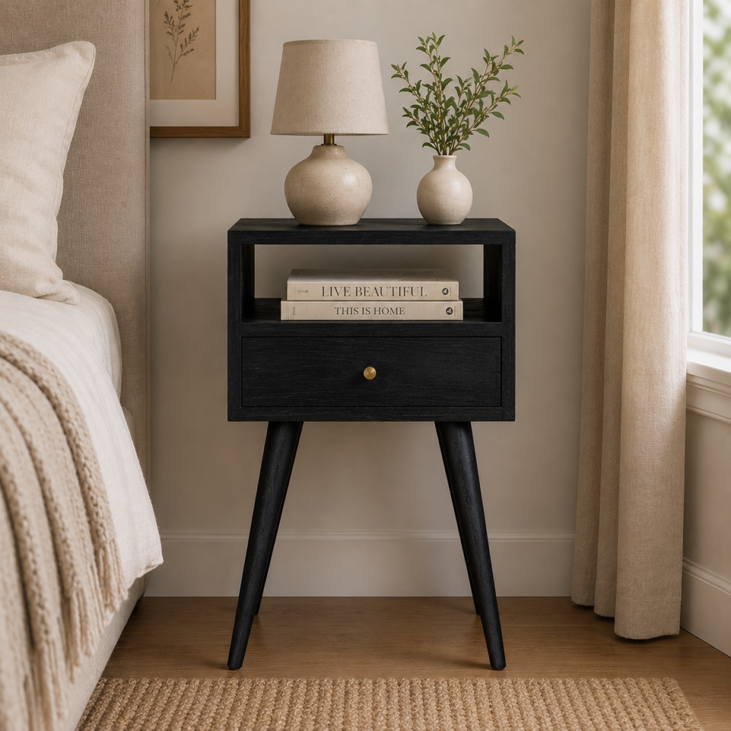 Solid Mango Wood Ash Black Finished 1 Drawer 1 Slot Bedside