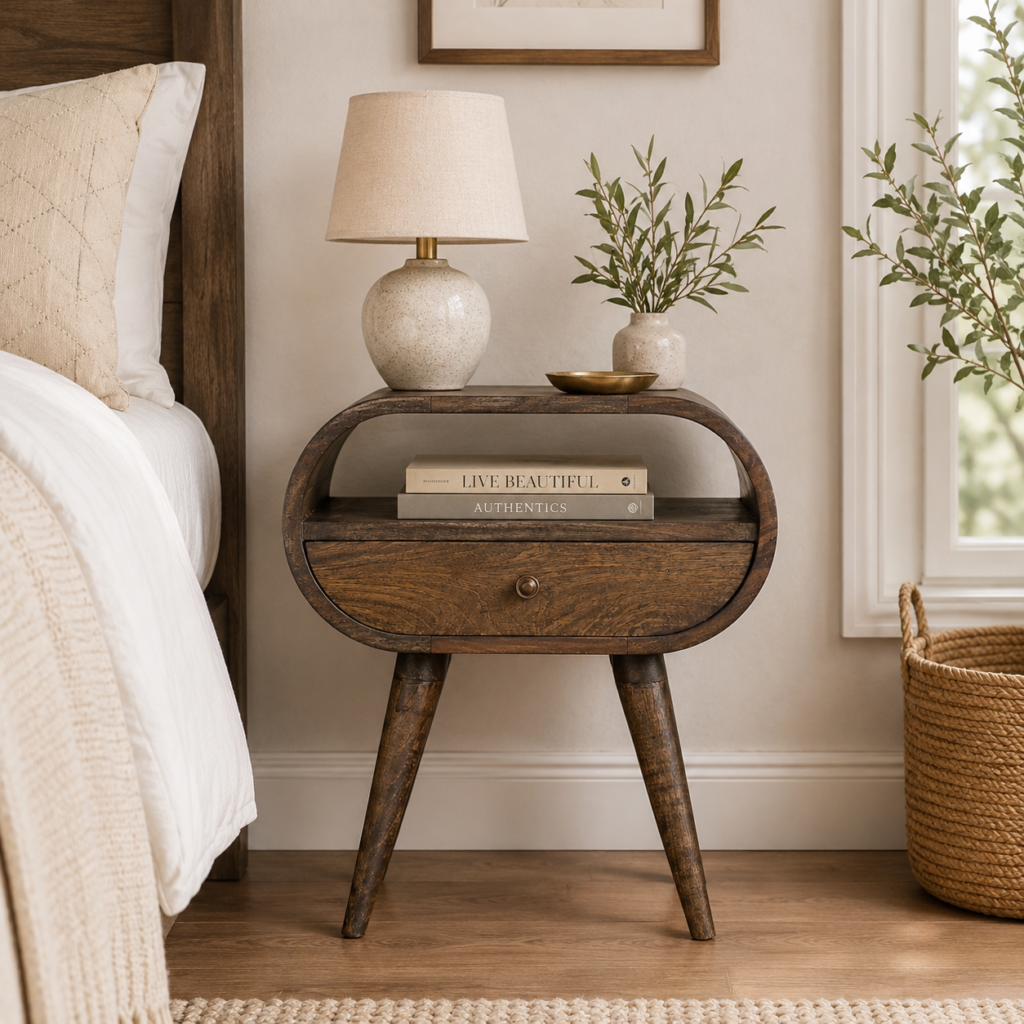 Solid Mango Wood Grey Washed Finished 1 Drawer 1 Slot Circular Bedside