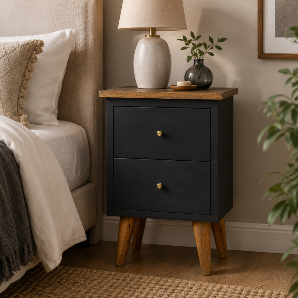 Solid Mango Wood Oak Finished Black 2 Drawer Bedside Table/Cabinet
