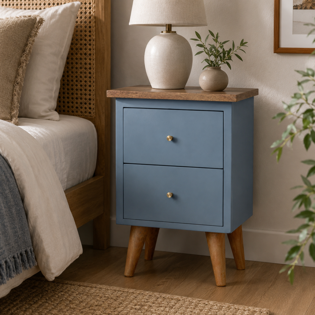 Solid Mango Wood Oak Finished Blue Painted 2 Drawer Bedside Table/Cabinet