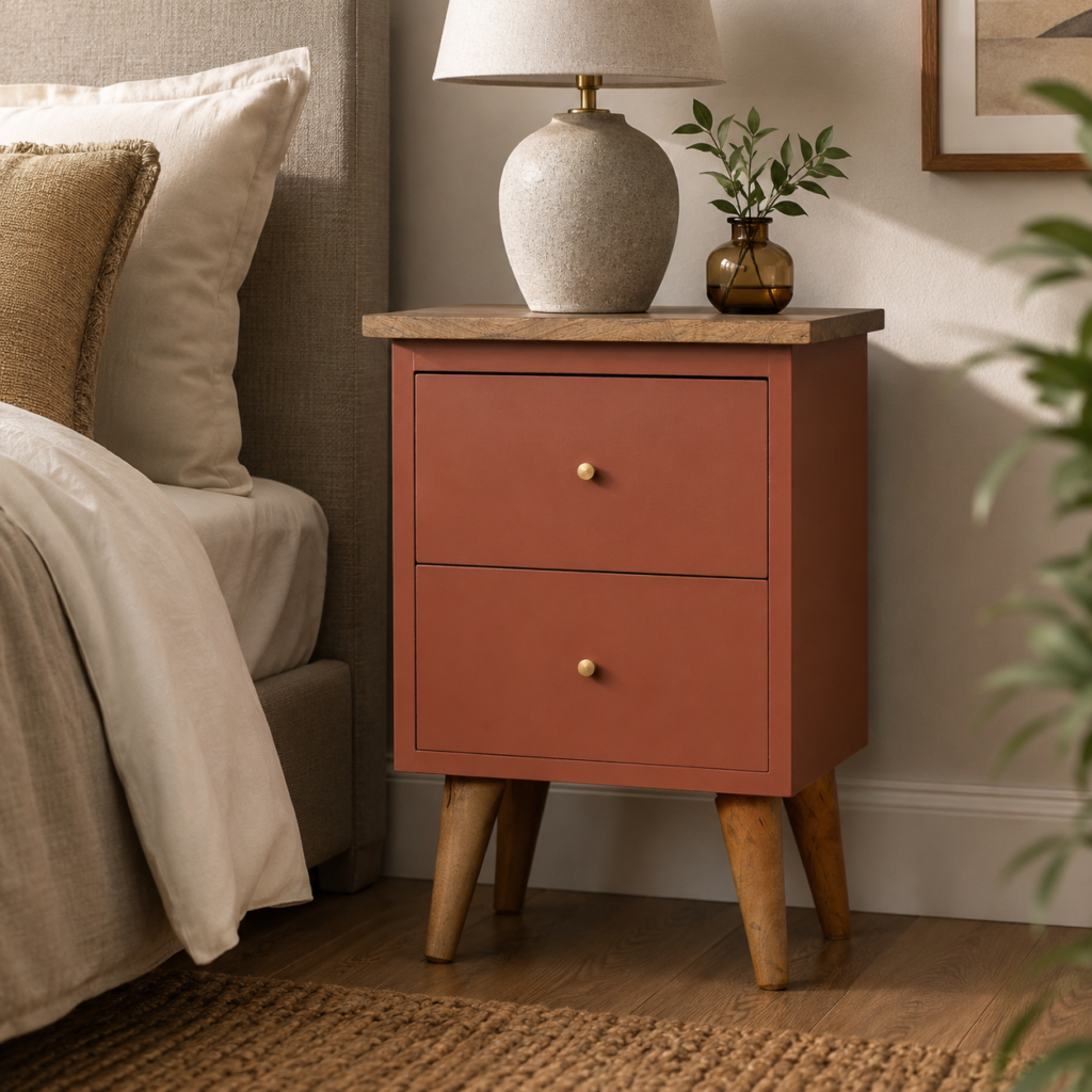 Solid Mango Wood Oak Finished Rust Painted 2 Drawer Bedside Table/Cabinet