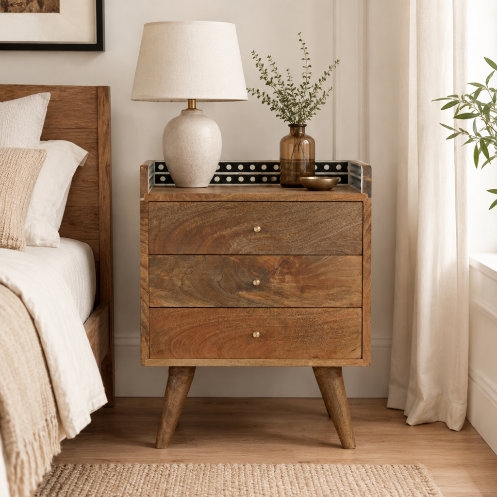 Solid Mango Wood Oak Finished Bone Inlay Gallery Back 3 Drawer Bedside