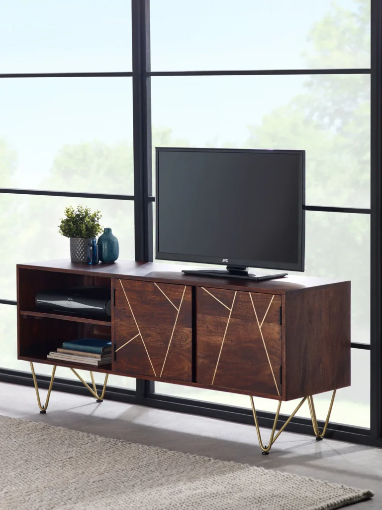 Dark Walnut Gold Metal Inlay 2 Shelves 2 Doors Plasma Media Unit