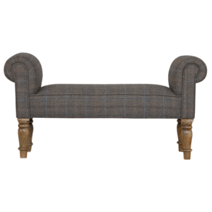 Solid Mango Wood Oak Finished Checked Tweed Upholstered Bench