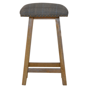 Solid Mango Wood Oak Finished Checked Upholstered Tweed Sturdy Bar Stool