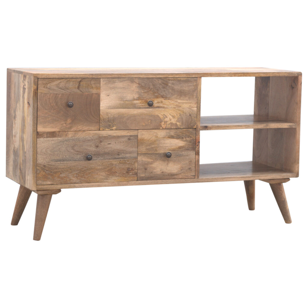 Solid Mango Wood Oak Finished Four Drawer 2 Shelf Media Unit