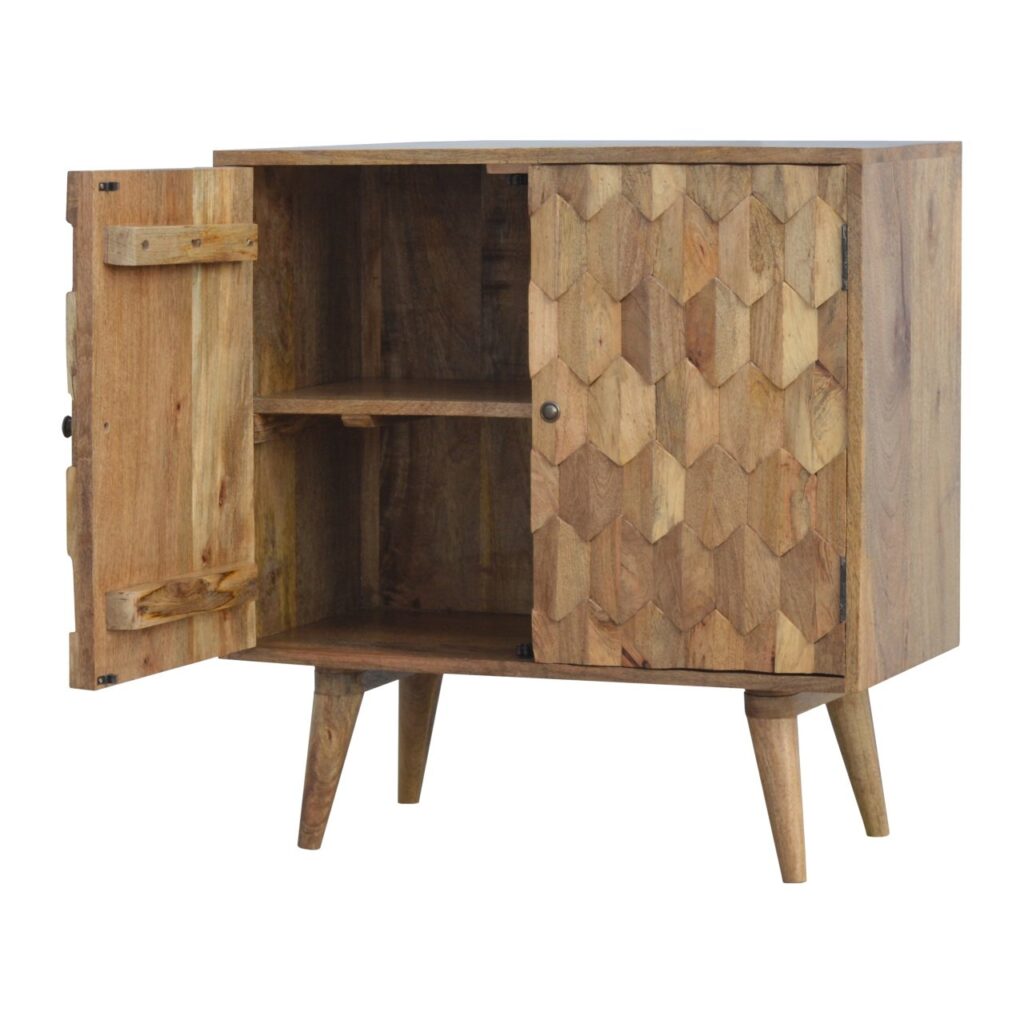 Solid Mango Wood Oak Finished 2 Door Carved Pineapple Front Cabinet