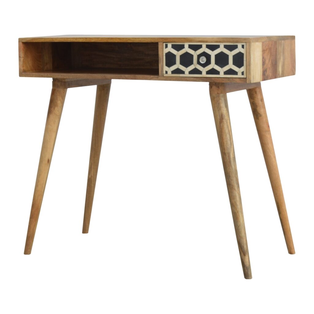 Solid Mango Wood Oak Finished Bone Inlay 1 Drawer 1 Slot Desk