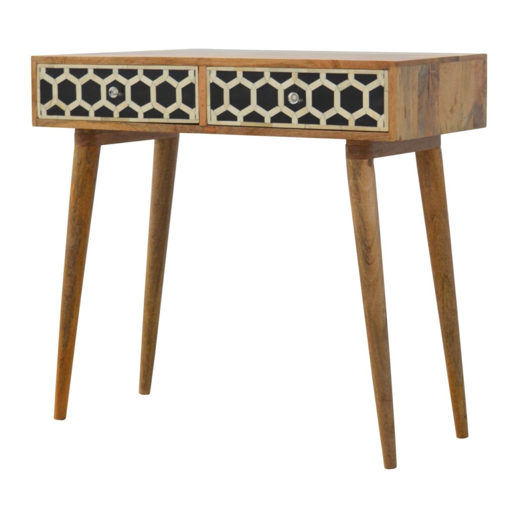 Solid Mango Wood Oak Finished Bone Inlaid 2 Drawer Console