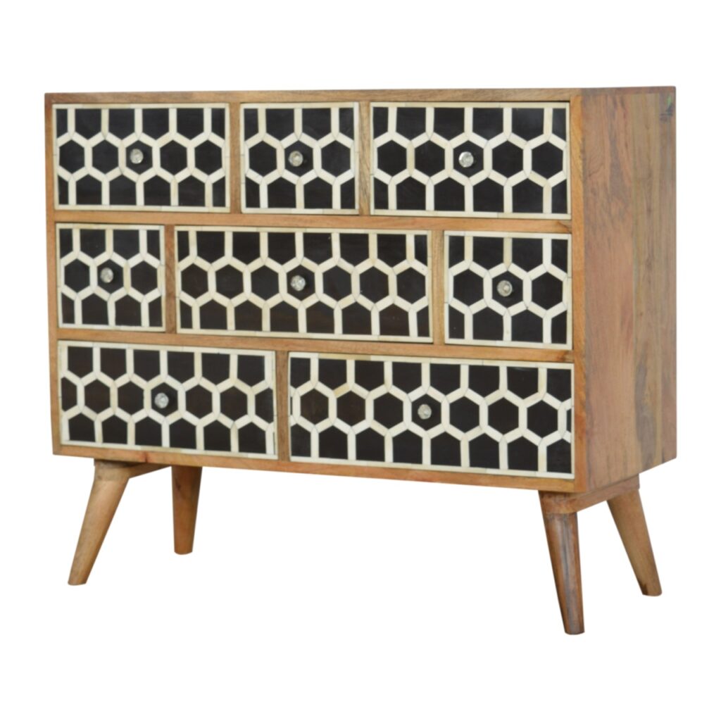 Solid Mango Wood Oak Finished Bone Inlaid 8 Drawer Chest