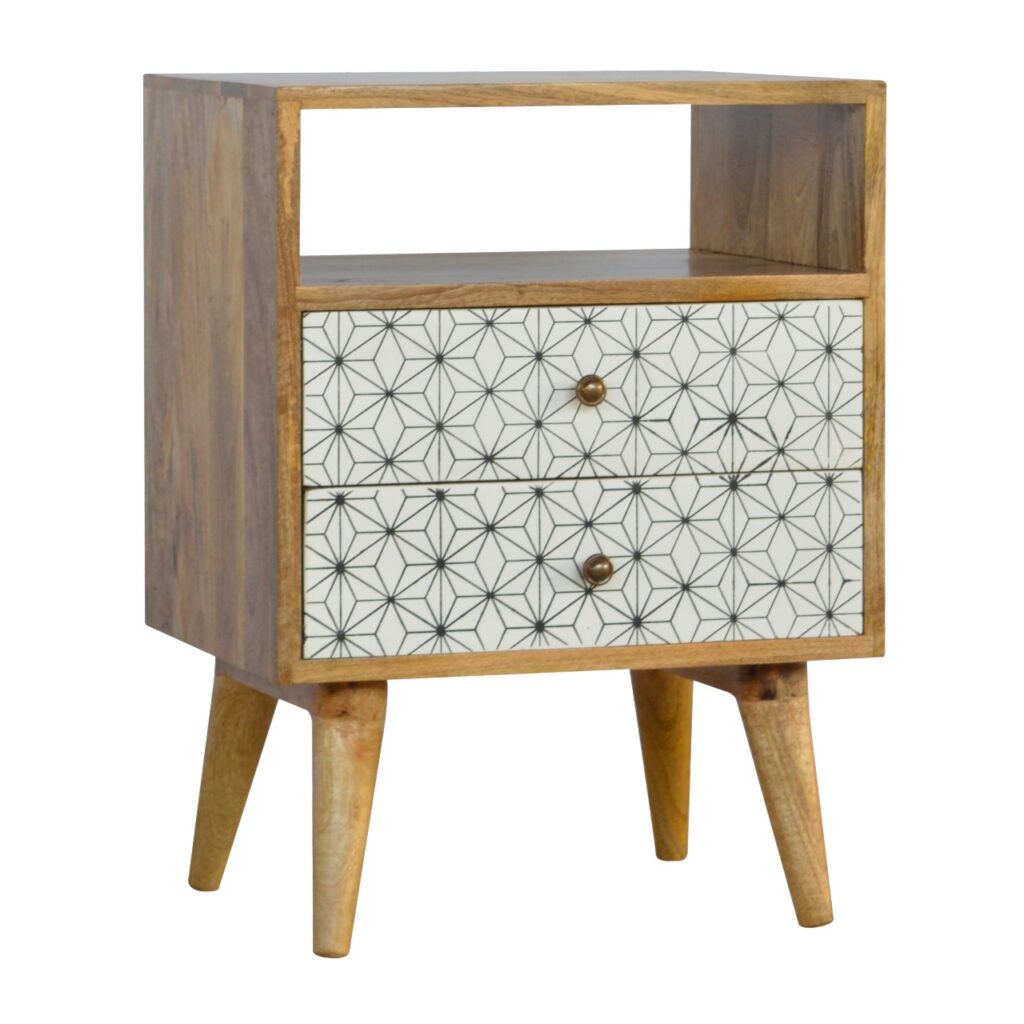 Solid Mango Wood Oak Finished 2 Drawer Black & White Geometric Screen Printed Unit