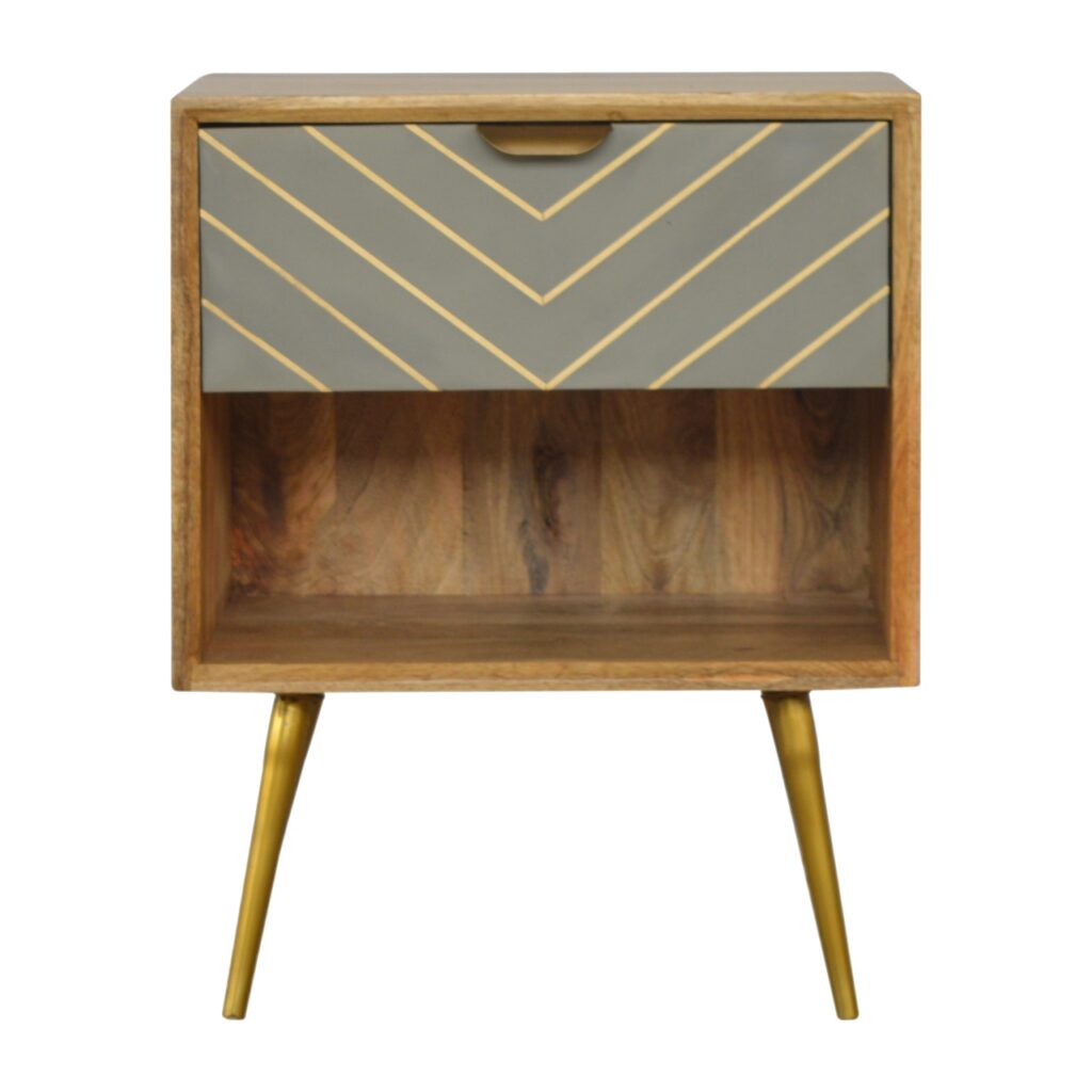 Solid Mango Wood Oak Finished & Cement Drawer Front with Brass Inlay 1 Drawer Bedside