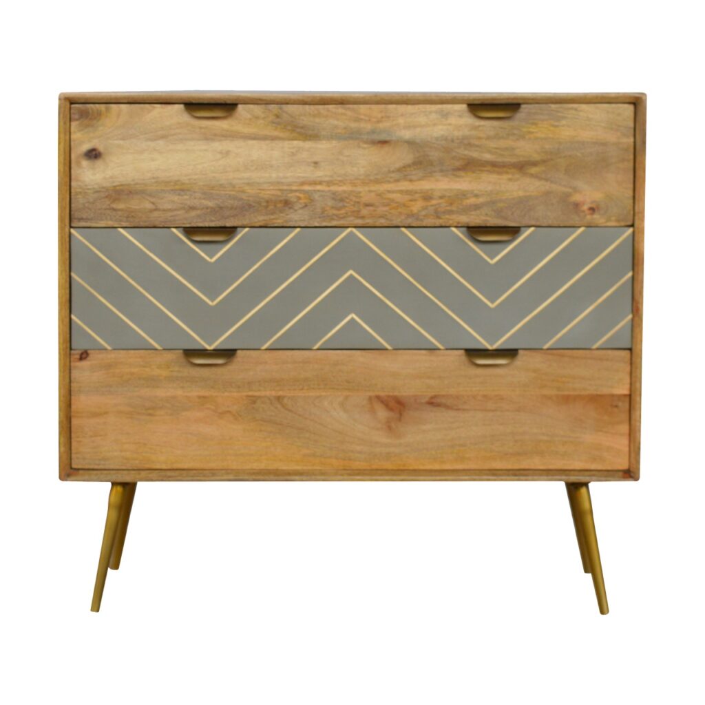 Solid Mango Wood Oak Finished 3 Drawer Cement/Brass Inlay Cabinet