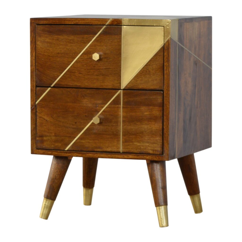 Solid Mango Wood Chestnut Finished 2 Drawer Geometric Brass Pattern Cabinet
