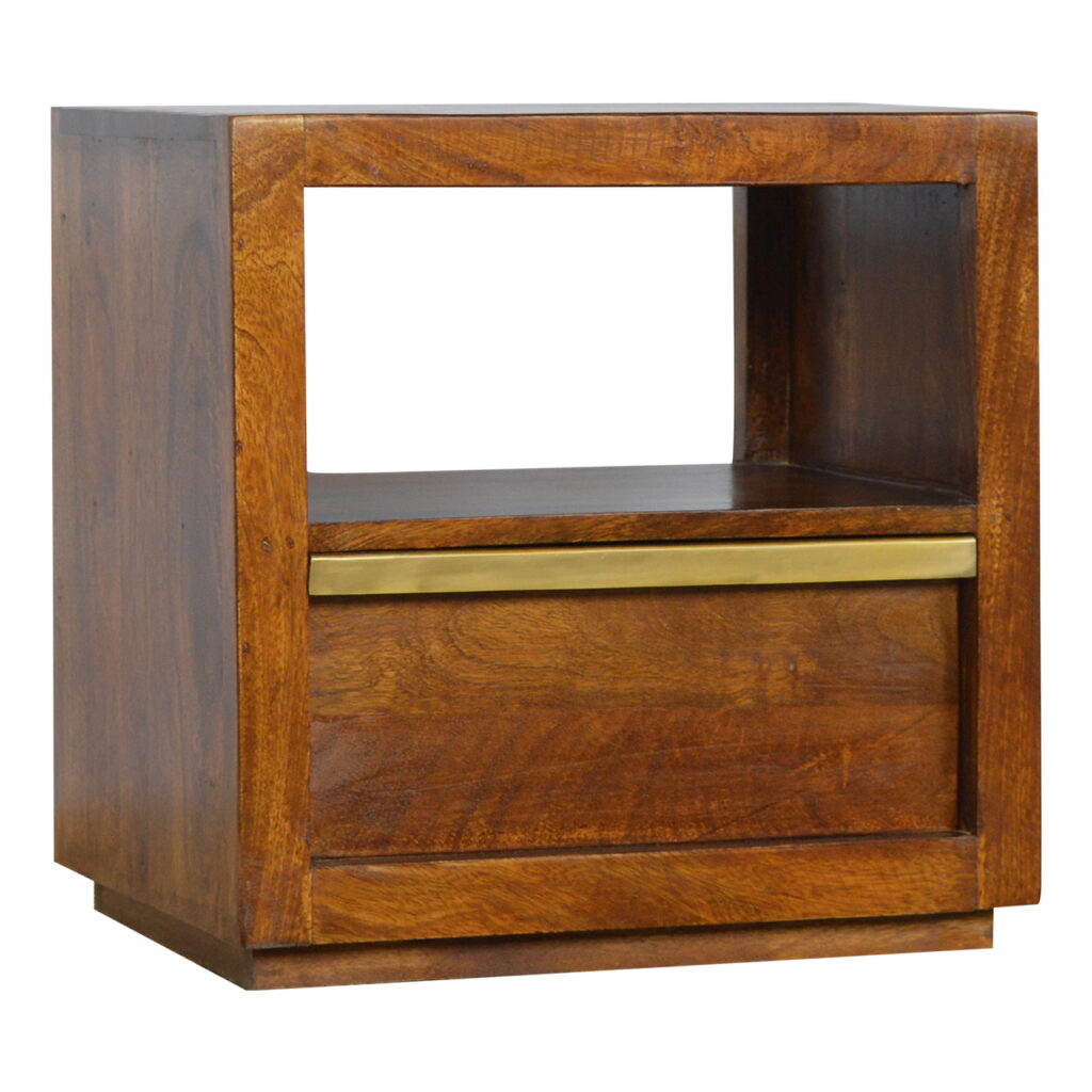 Solid Mango Wood Chestnut Finished 1 Drawer Bedside with Gold Metal Pull out Bar