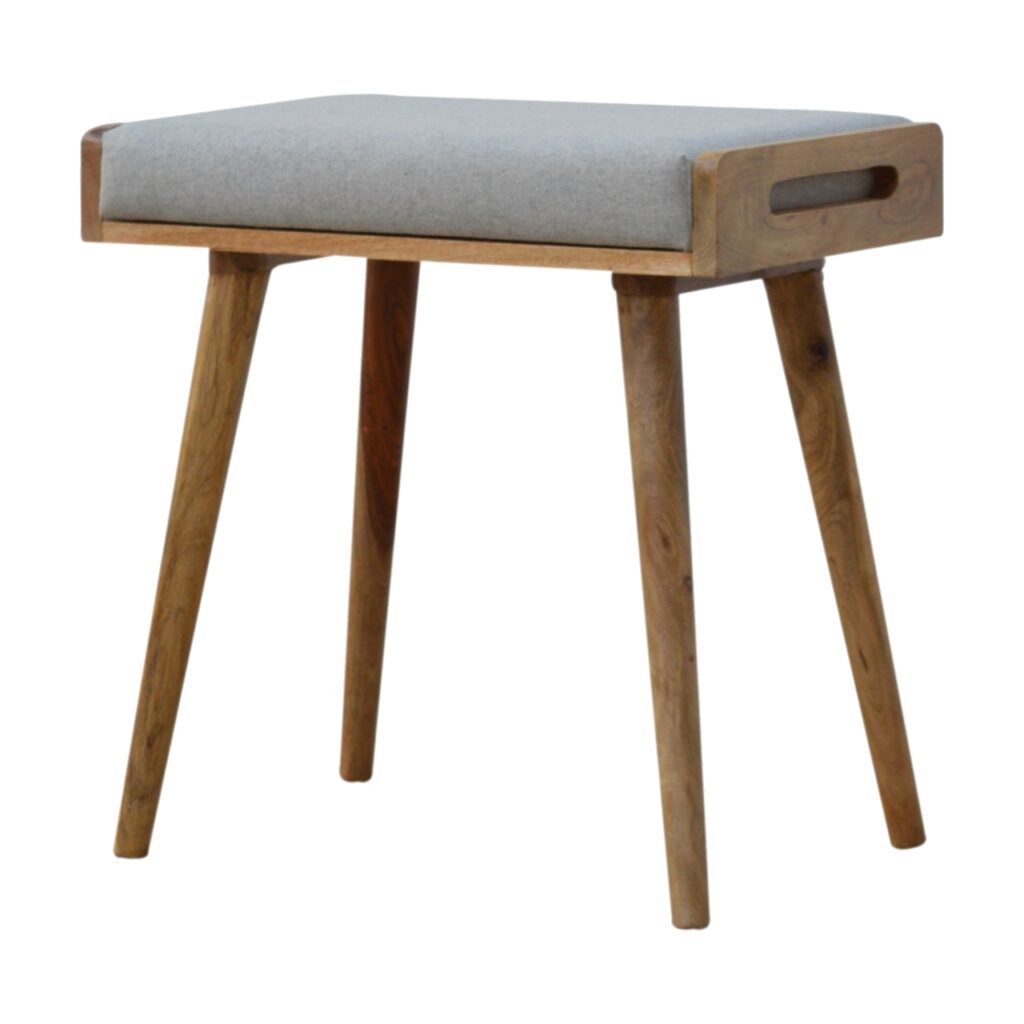 Mango Wood Oak Finised Grey Tweed Upholstered Tray Style Footstool