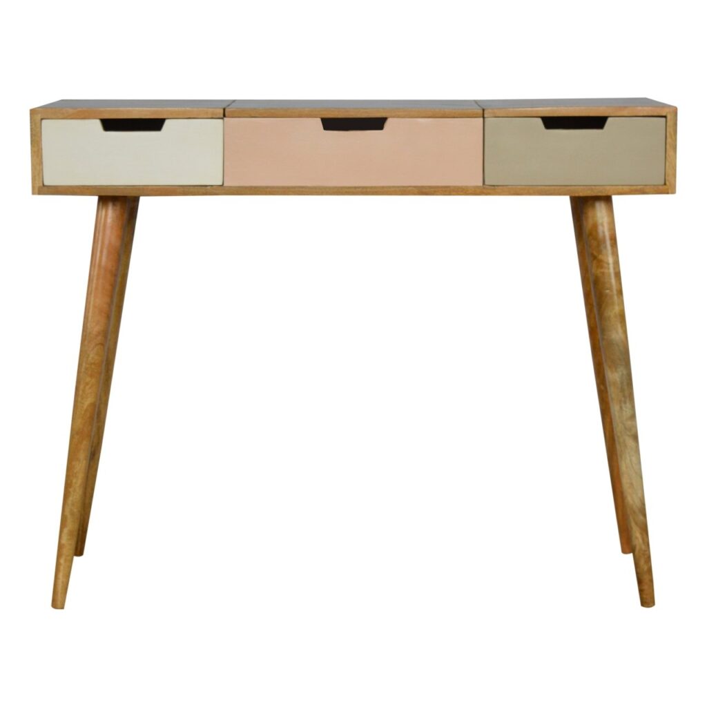 Solid Mango Wood Oak Finished Hand Painted Fold Away Mirror Dressing Table