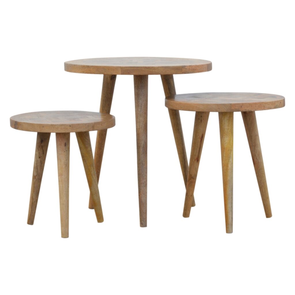 Solid Mango Wood Oak Finished Set of 3 Tables with Patchwork Patterned Tops