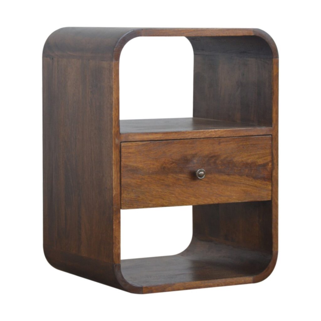 Solid Mango Wood Chestnut Finished 1 Drawer Curved Edge Bedside
