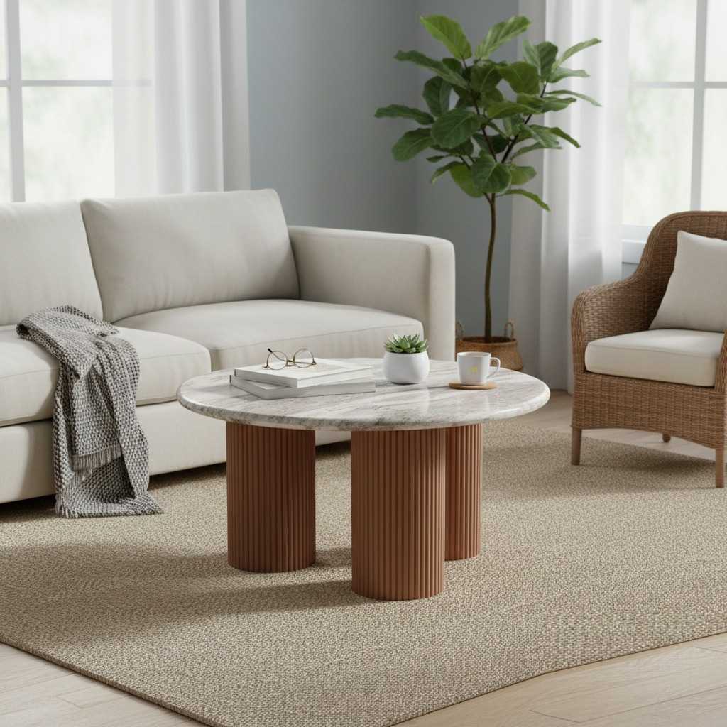 Ashford Round Marble Top with Wood Pedestal Coffee Table